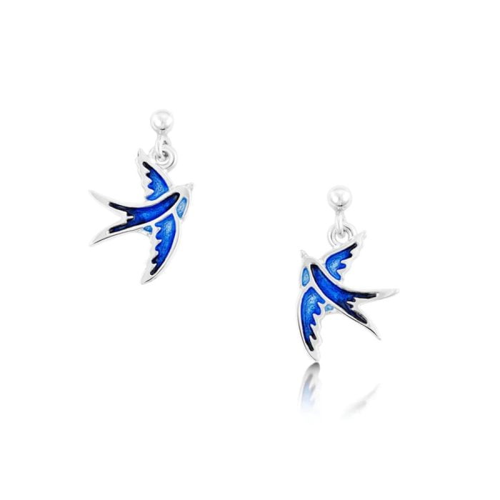 Sapphire Enamel Silver Blue Swallows Drop Earrings