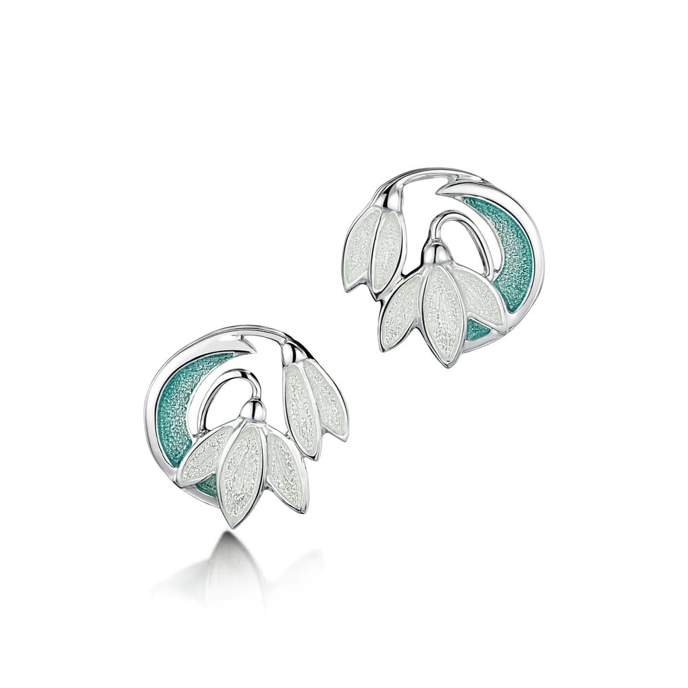 Sheila Fleet Snowdrop Silver Leaf Enamel 2-Flower Stud Earrings