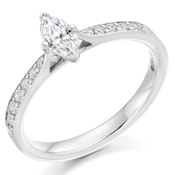 18ct White Gold Marquise Diamond Solitaire engagement Ring with diamond shoulders