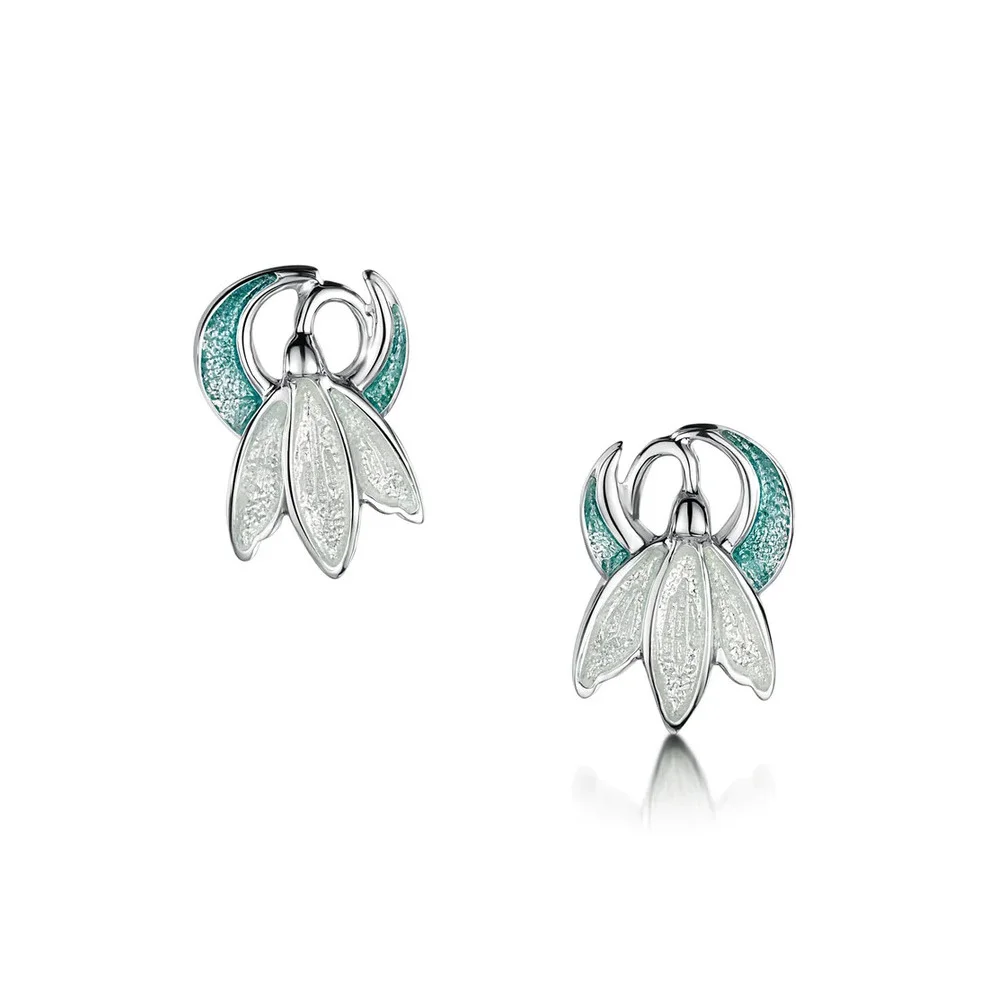 Sheila Fleet Snowdrop Silver Small Leaf Enamel Stud Earrings
