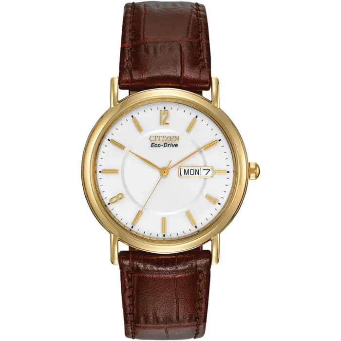 Citizen Eco-Drive Mens Gold Brown Leather Strap Watch