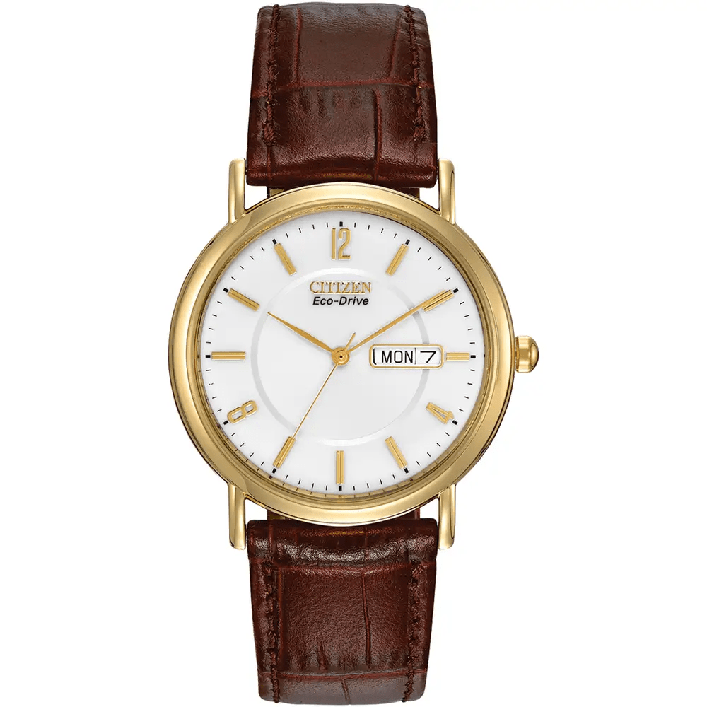 Citizen Eco-Drive Mens Classic Gold Tone Leather Strap Watch