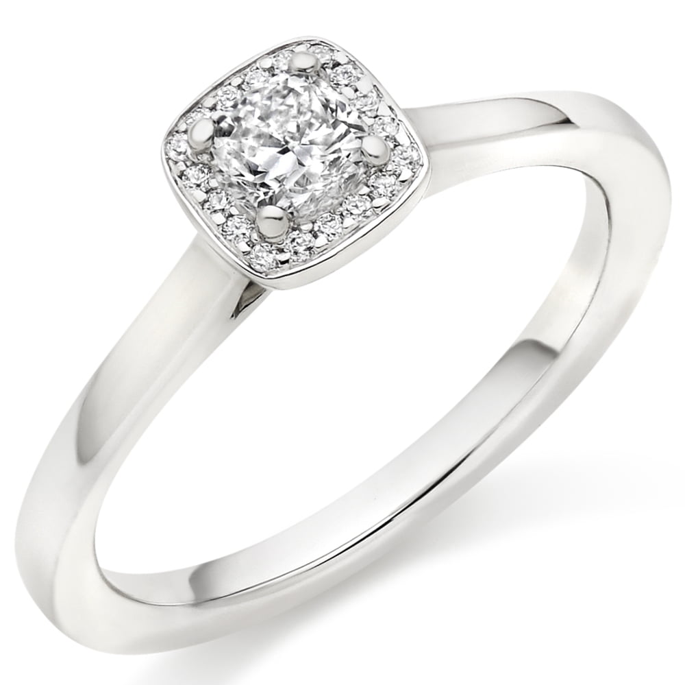 18ct White Gold 0.32ct Cushion Cut Diamond Halo Engagement Ring