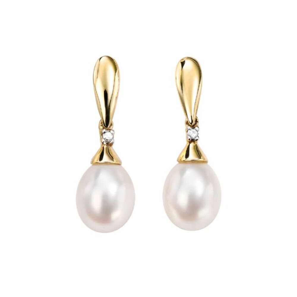 Elements Gold 9ct Yellow Gold Freshwater Pearl & Diamond Drop Earrings
