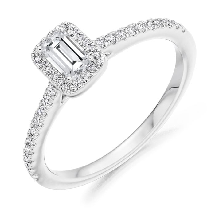 18ct White Gold Emerald Cut Diamond Halo engagement Ring