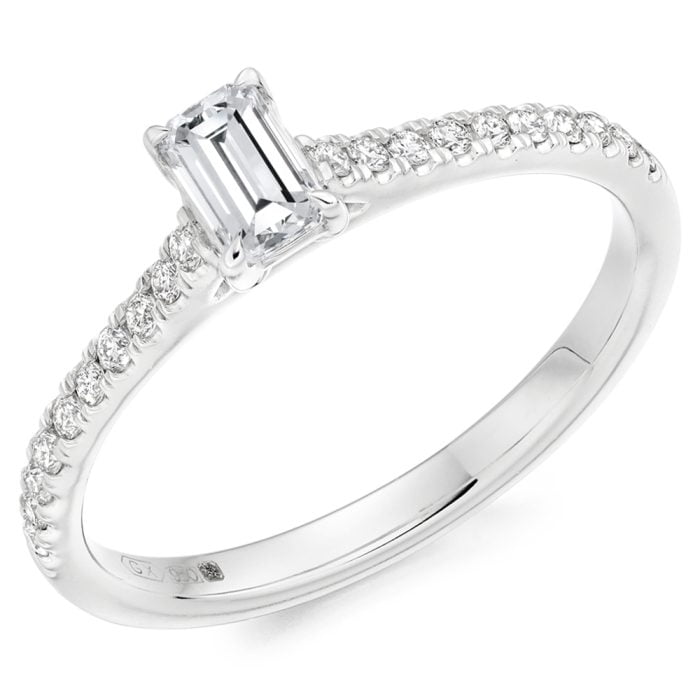 18ct White Gold Emerald Cut Diamond Solitaire engagement Ring with diamond shoulders