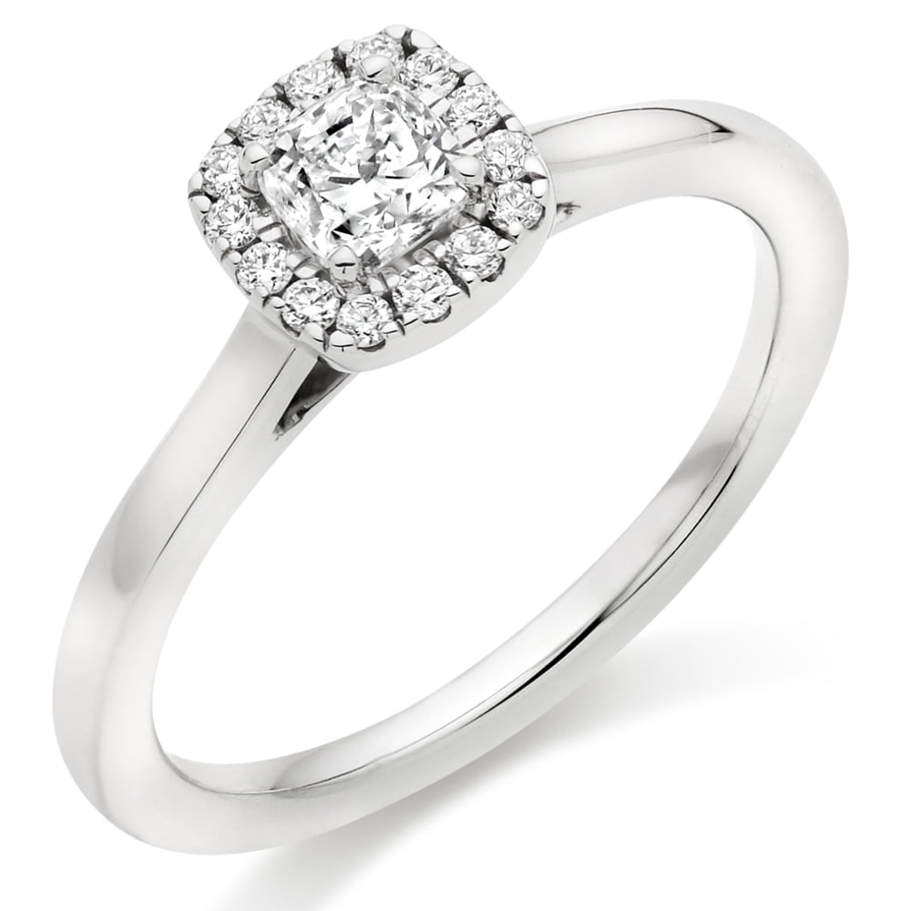 18ct White Gold 0.51ct Cushion Cut Diamond Halo Engagement Ring