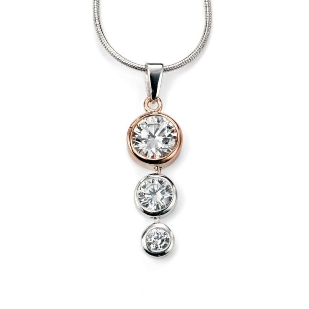 Beginnings Silver & Rose Gold Plated Triple Cubic Zirconia Drop Necklace
