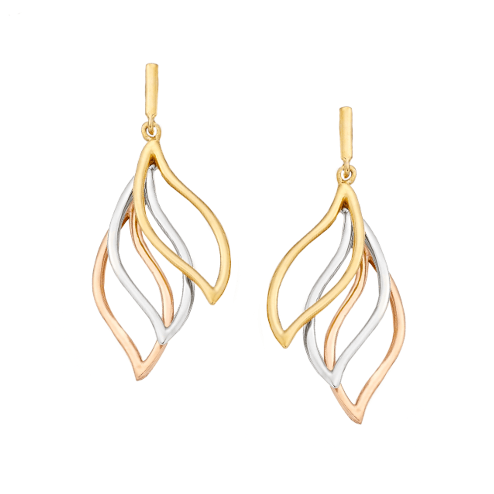 Amore 9ct Yellow, White & Rose Gold Tricolore Trio Leaf Drop Earrings