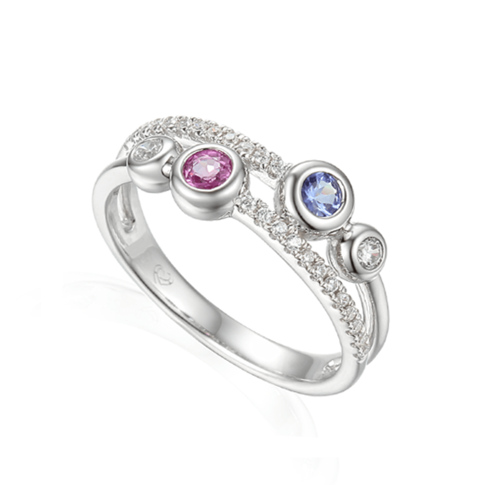 Amore 9ct White Gold Rhythm Pink Sapphire, Tanzanite & Diamond Bubble Ring