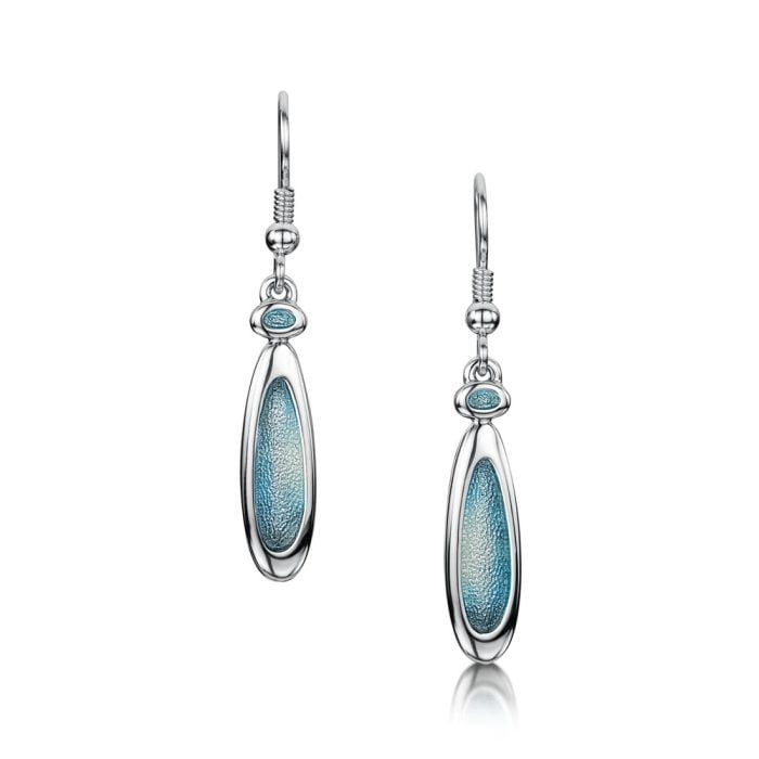 Silver Blue Grey Enamel Long Drop Pebble Earrings