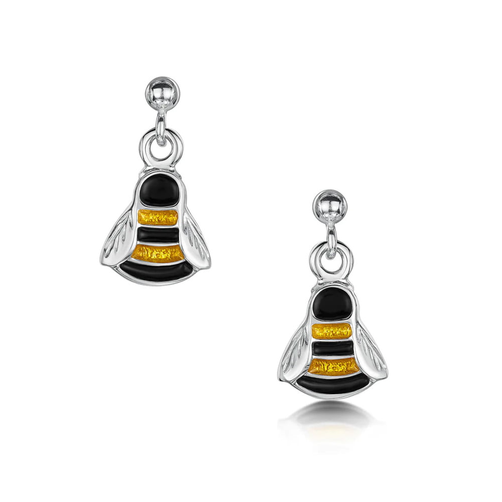 Sheila Fleet Bumblebee Silver Yellow & Black Enamel Small Drop Earrings