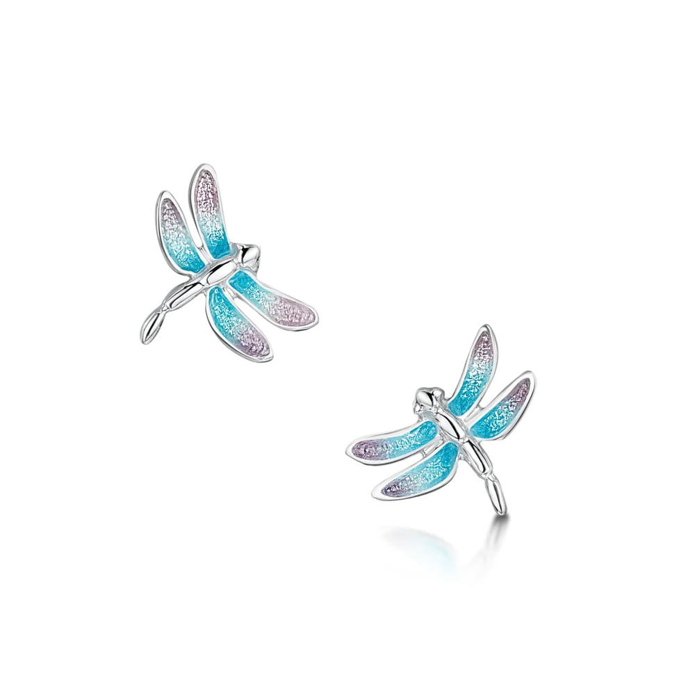 Sheila Fleet Dragonfly Enamel Silver Petite Pink & Blue Stud Earrings