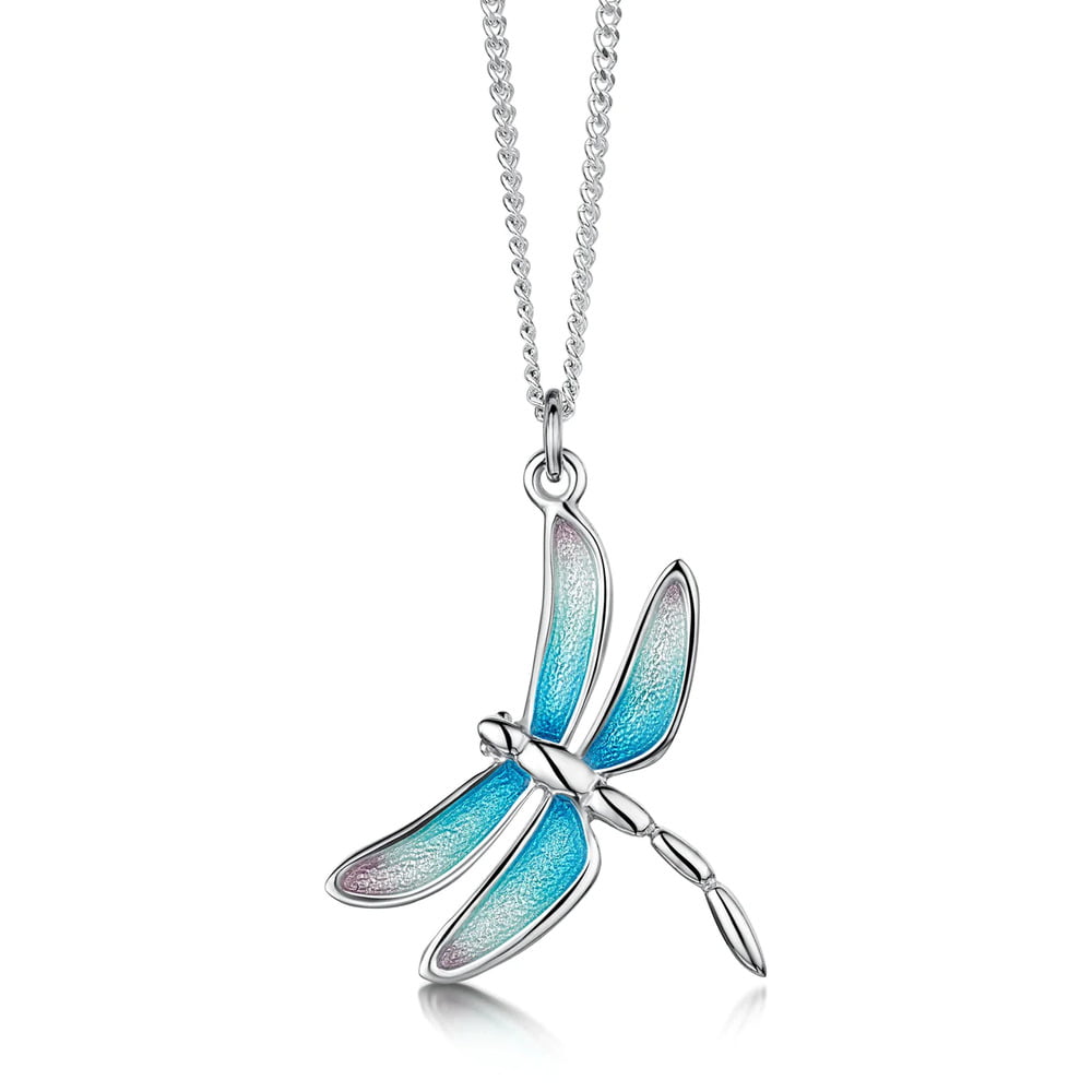 Sheila Fleet Dragonfly Enamel Silver Pink & Blue Pendant