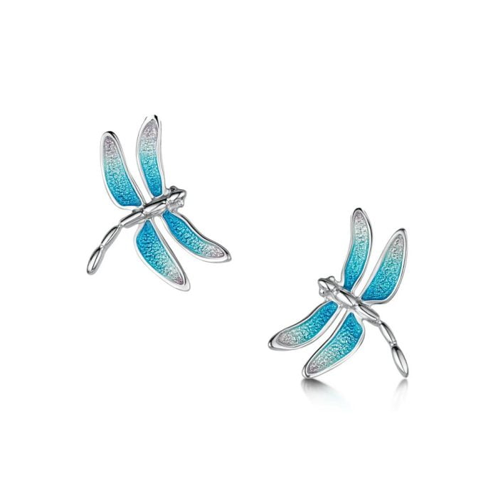 Silver Pink & Blue Dragonfly Stud Earrings