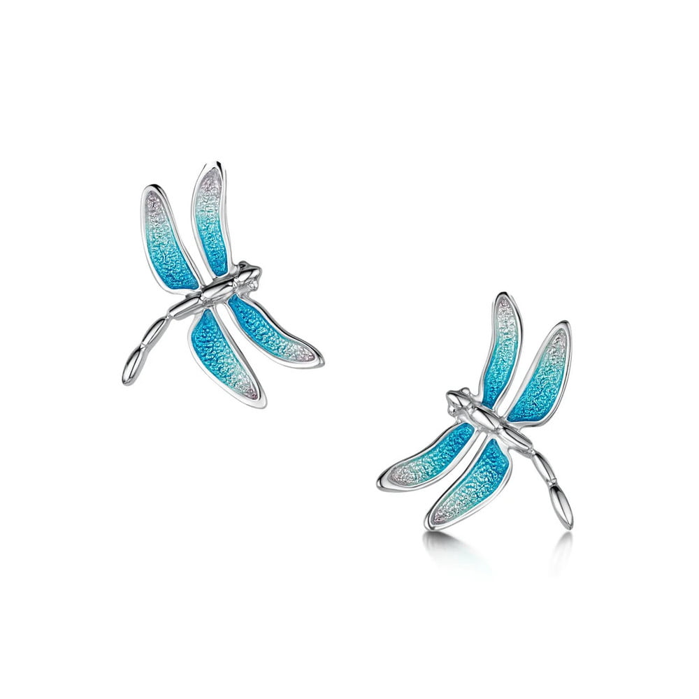 Sheila Fleet Dragonfly Enamel Silver Pink & Blue Stud Earrings