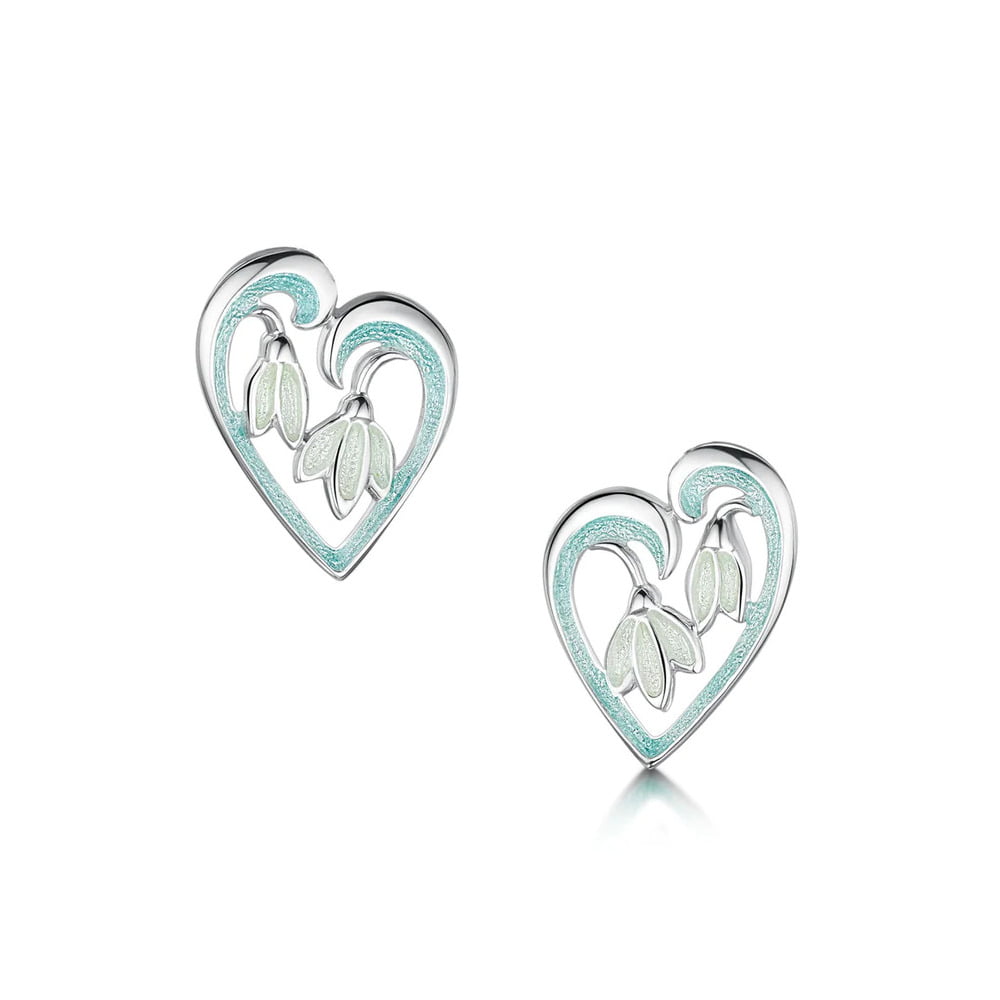 Sheila Fleet Snowdrop Silver Leaf Enamel Heart Stud Earrings