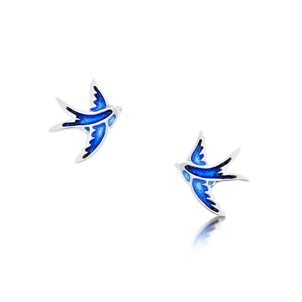 Sheila Fleet Swallows Silver Sapphire Enamel Blue Stud Earrings