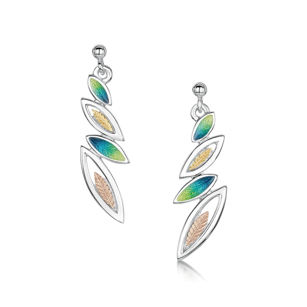 Sheila Fleet Seasons Silver & Gold Spring Enamel Leaf Drop Earrings