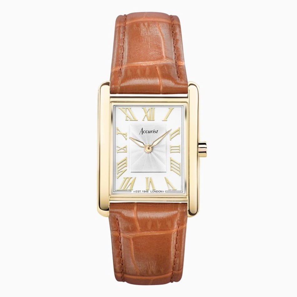 Accurist Ladies Rectangle Gold & Tan Leather Strap Watch