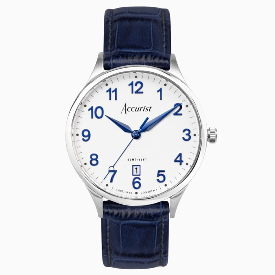 Accurist Mens Classic Silver Case & Blue Leather Strap Watch