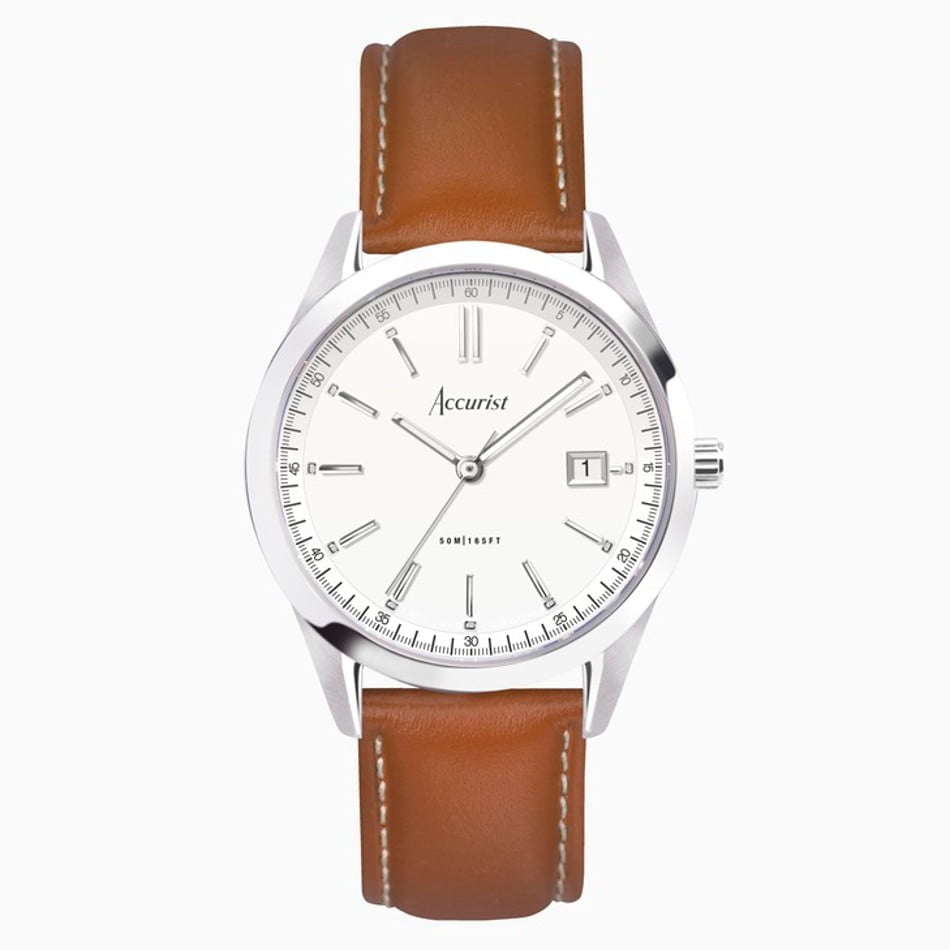 Accurist Mens Everyday Silver & Brown Leather Strap Watch