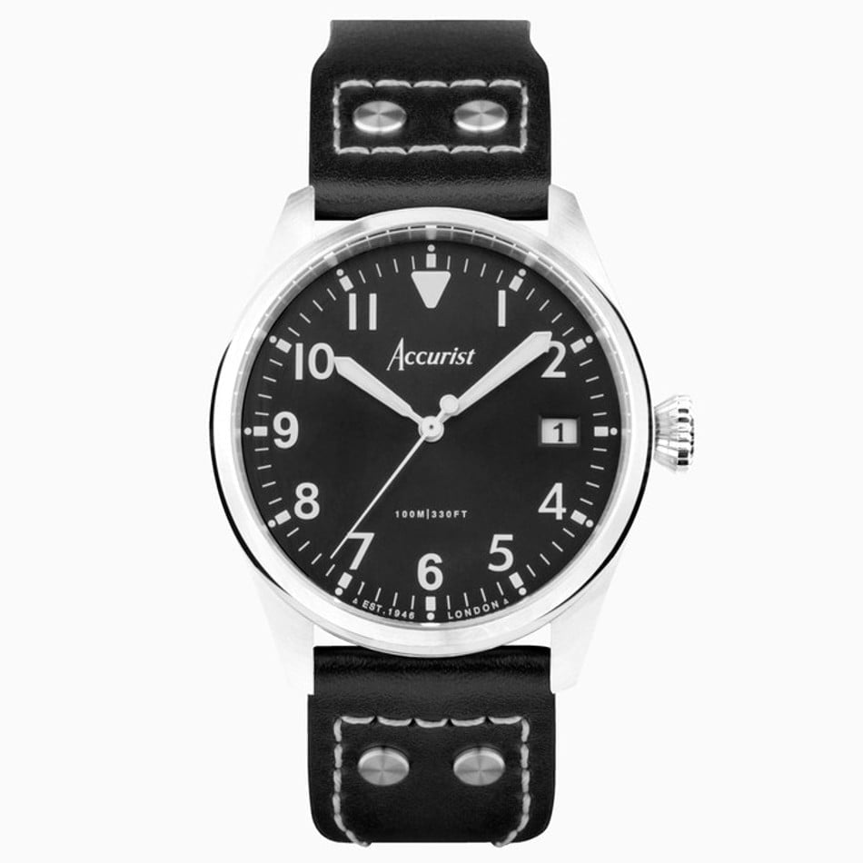 Accurist Mens Aviation Silver & Black Leather Strap Watch