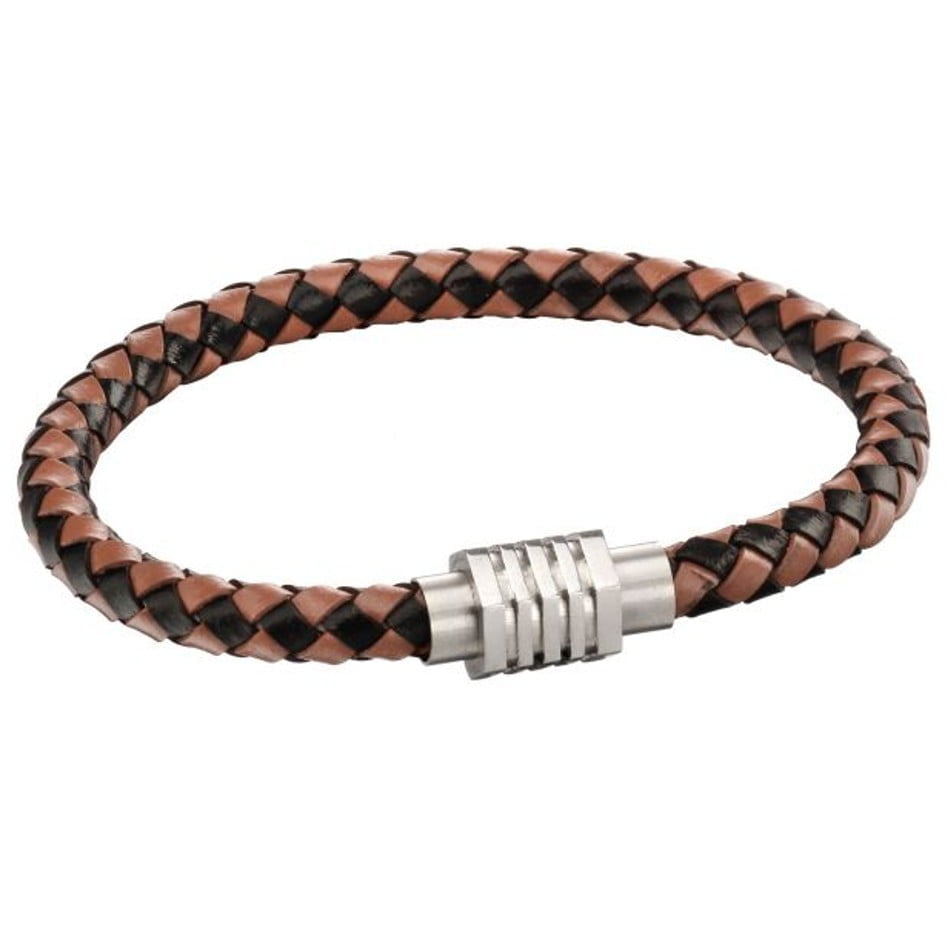 Fred Bennett Brown and Black Hexagon Leather Stainless Steel Gents Bracelet 