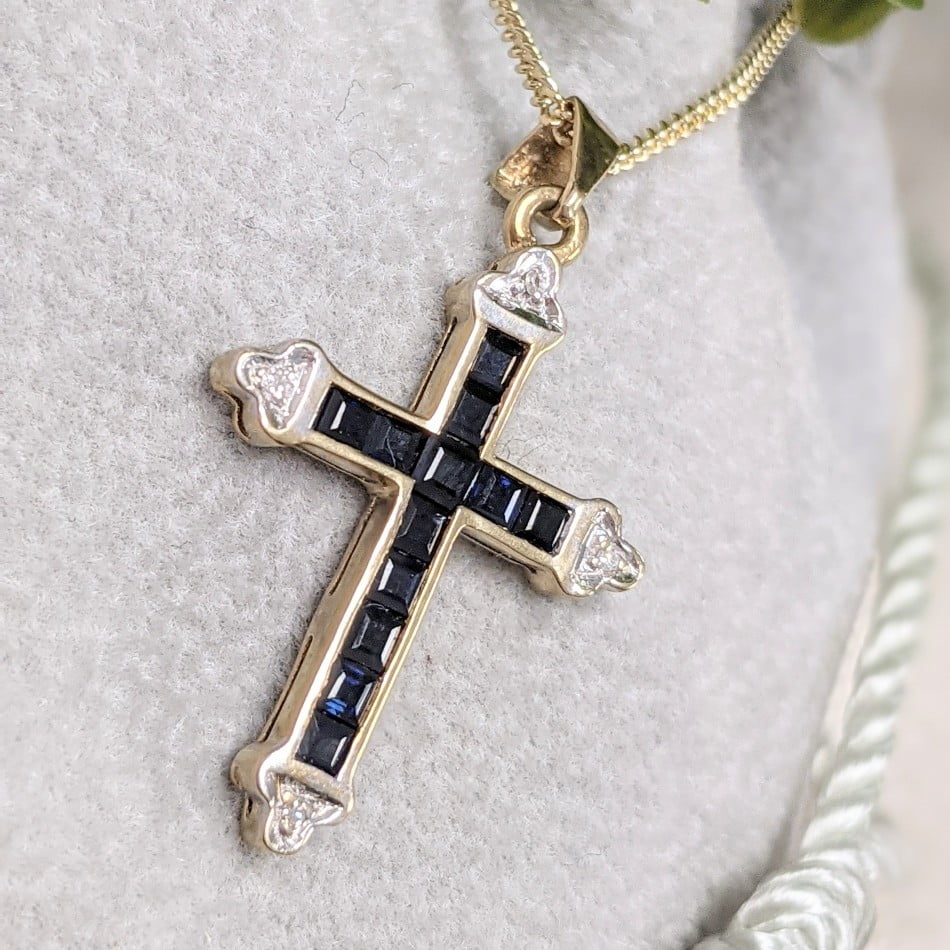 Pre-Owned 9ct Yellow Gold Sapphire and Diamond Cross Necklace