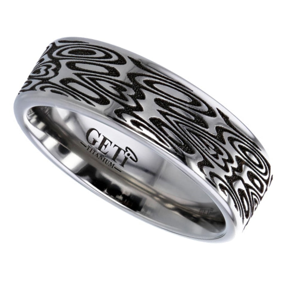 GETi Laser Engraved Damascus Design Titanium Flat Profile Ring