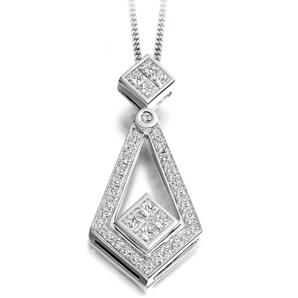 18ct White Gold Diamond Art Deco Style Pendant Nettletons