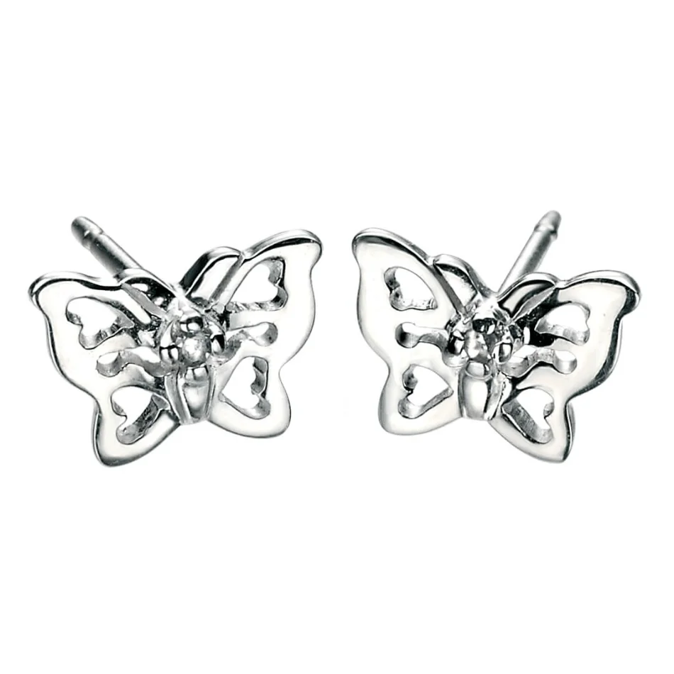D For Diamond Sterling Silver Filigree Butterfly Diamond Stud Earrings