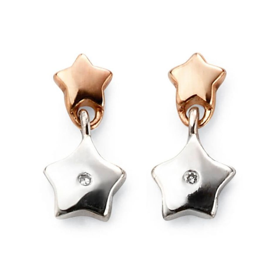 D For Diamond Sterling Silver & Rose Gold Plated Diamond Double Star Drop Earrings