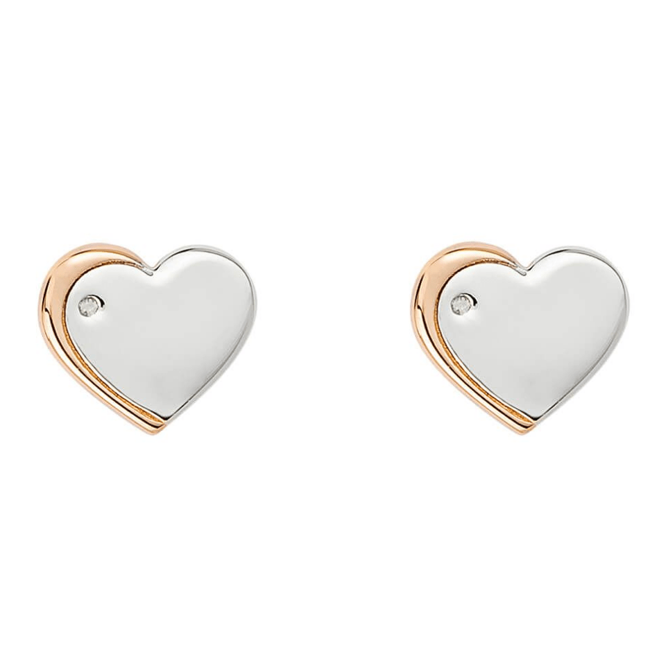 D For Diamond Sterling Silver & Rose Gold Plated Diamond Heart Stud Earrings