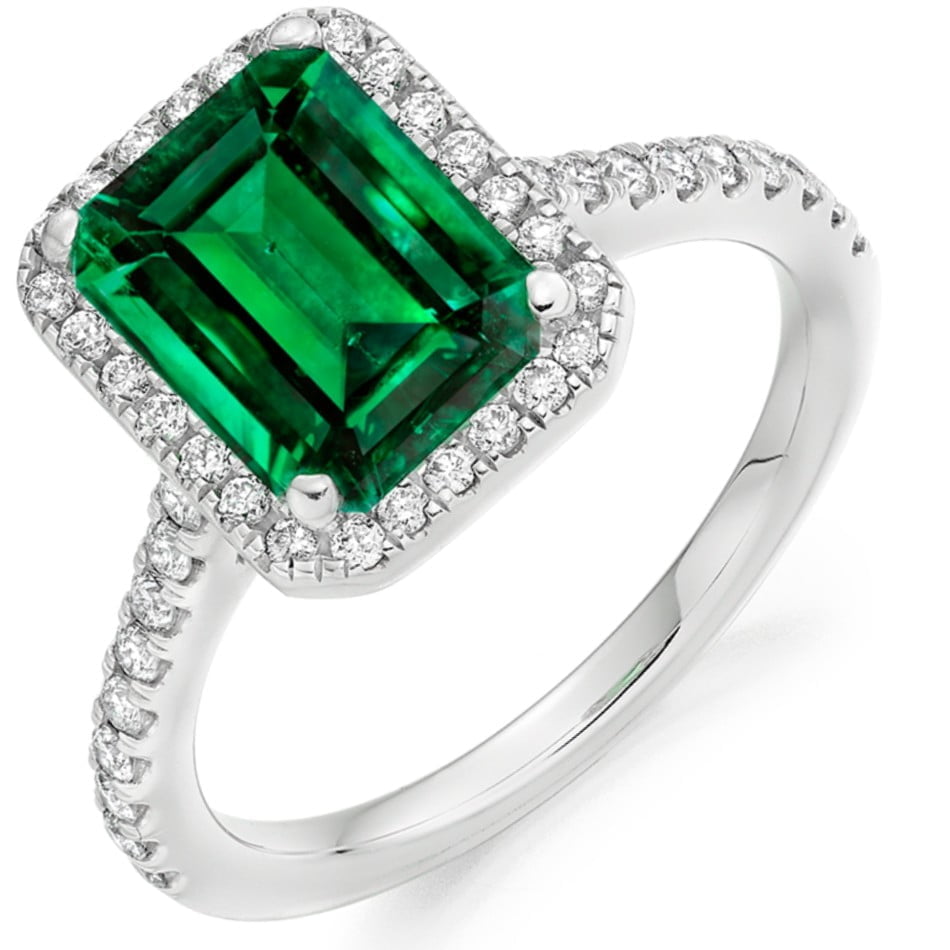 18ct White Gold Emerald & Diamond Halo Cluster Ring