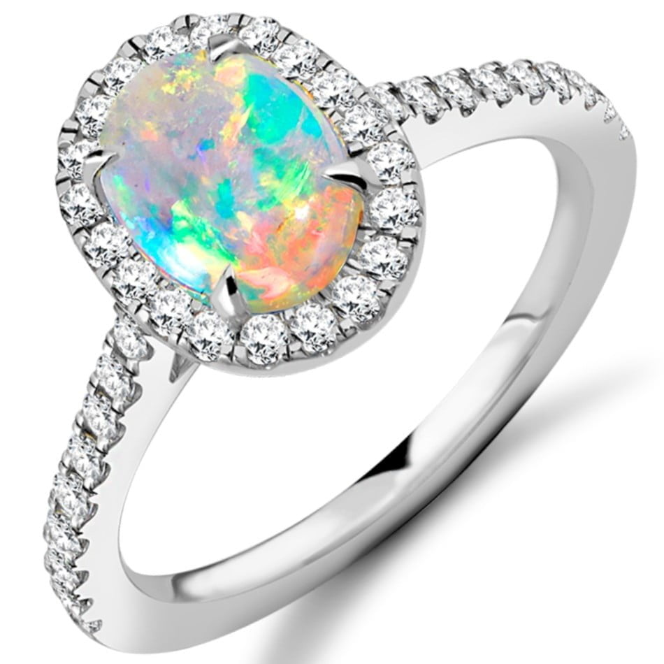 18ct White Gold Opal and Diamond Halo Cluster Ring