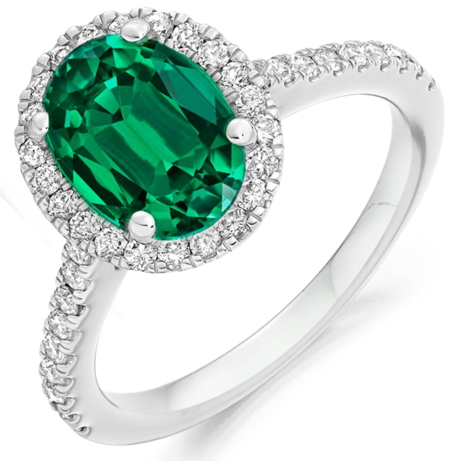 18ct White Gold Emerald & Diamond Oval Halo  Ring