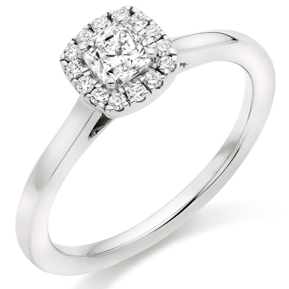 18ct White Gold 0.51ct Cushion Cut Diamond Halo Engagement Ring