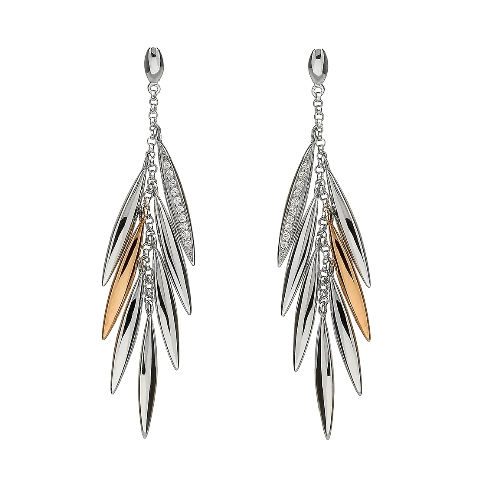 House of Lor Silver & Irish Rose Gold Cubic Zirconia Feather Drop Earrings