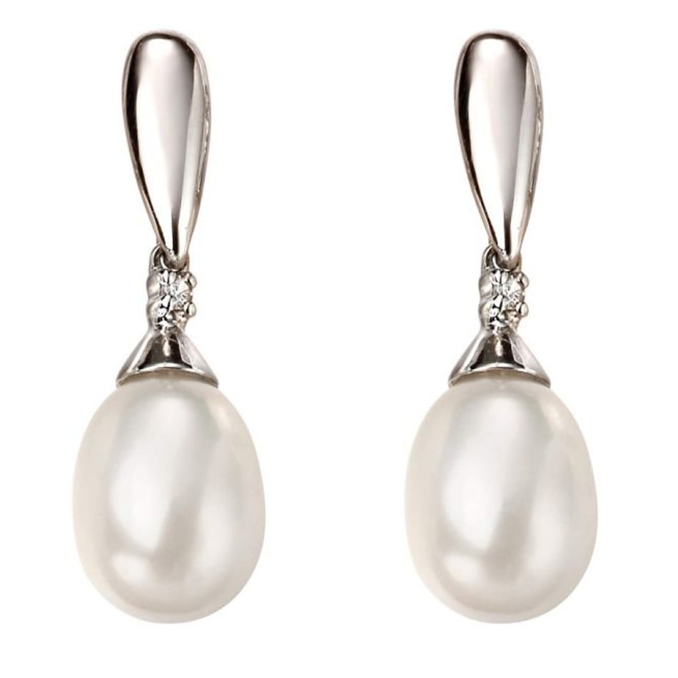Elements Gold Pearl and Diamond 9ct White Gold Drop Earrings