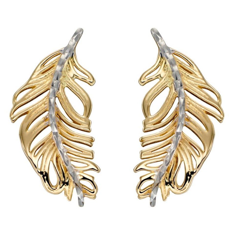 Elements Gold White & Yellow Gold Feather Stud Earrings