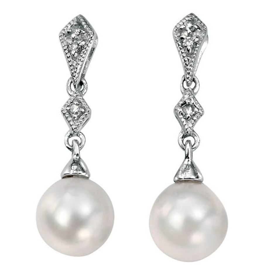 Elements Gold Freshwater Pearl and Diamond Drop Earrings