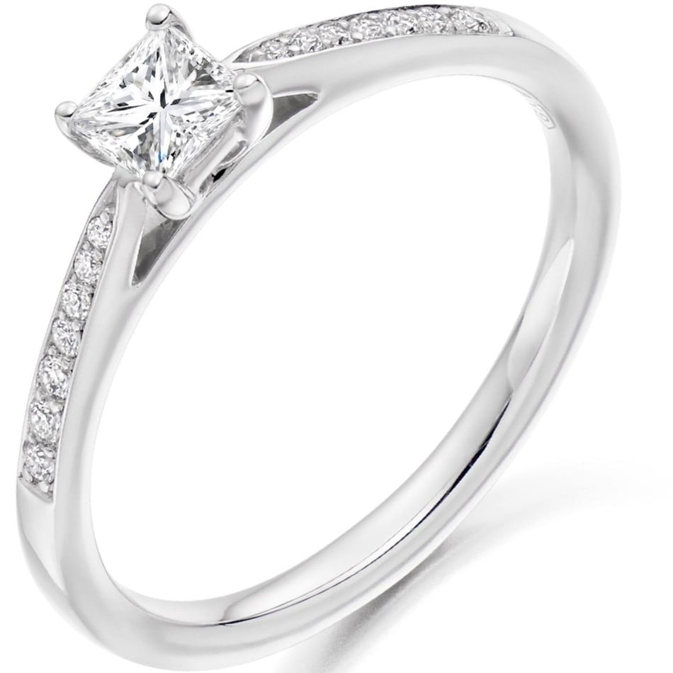 18ct White Gold Princess Cut Diamond Shoulders Solitaire Ring