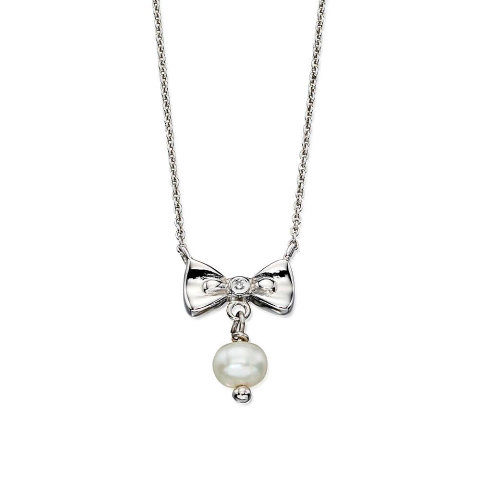 D For Diamond Recycled Sterling Silver Freshwater Pearl Bow Necklace