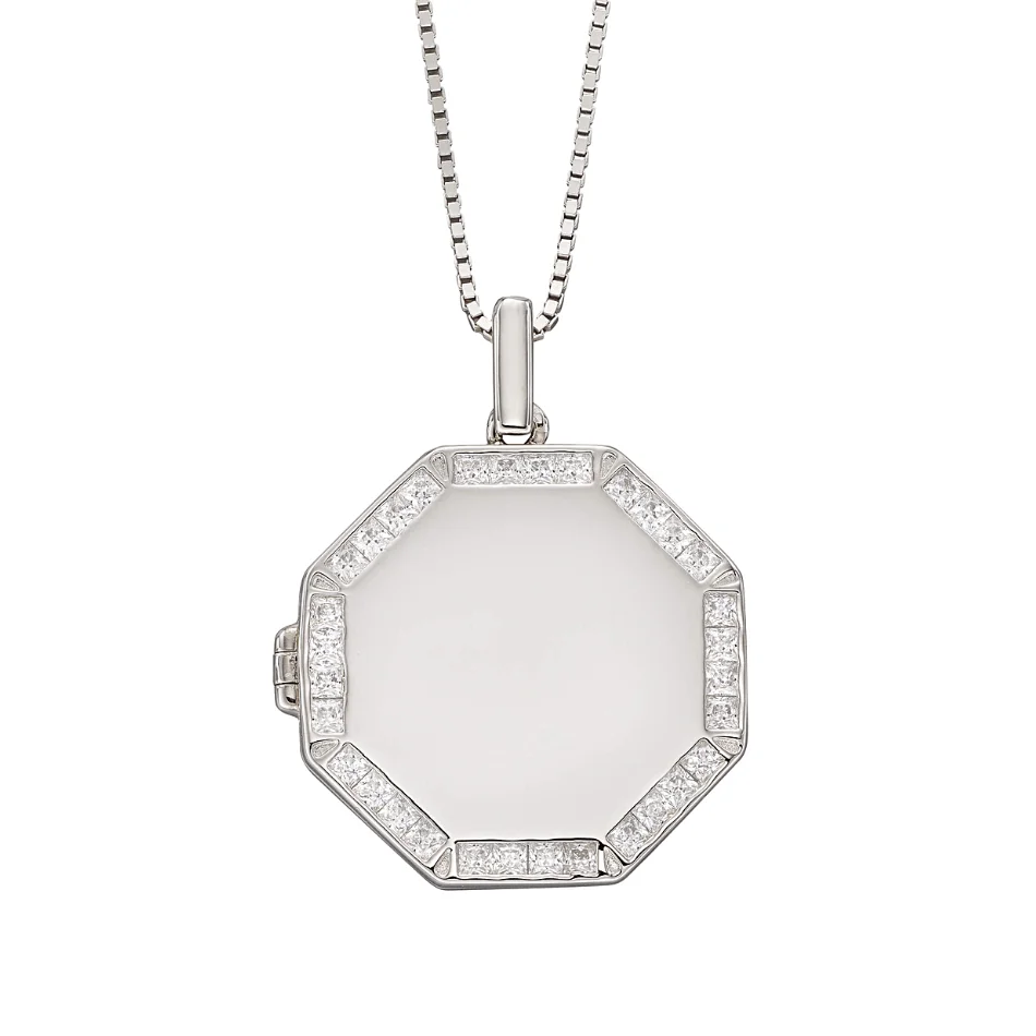 Fiorelli Silver Cubic Zirconia Engravable Octagon Locket