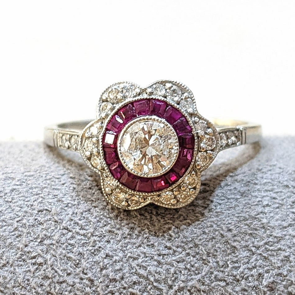 Pre-Owned Platinum Ruby & Diamond Art Deco Cluster Ring