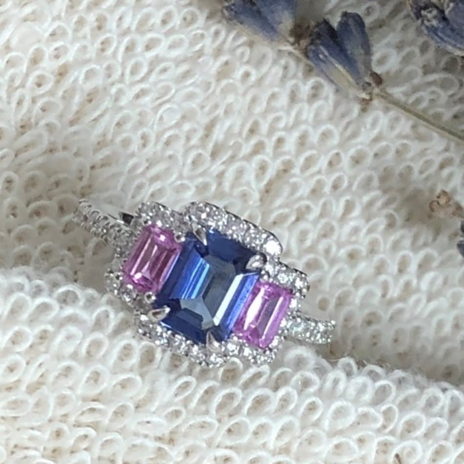 Tivon 18ct White Gold Tanzanite, Pink Sapphire & Diamond Ring