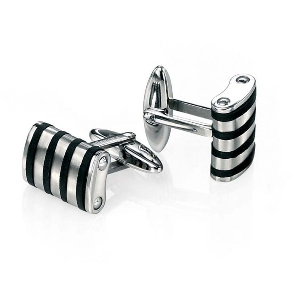 Fred Bennett Brushed Stainless Steel Striped Rubber Cufflinks