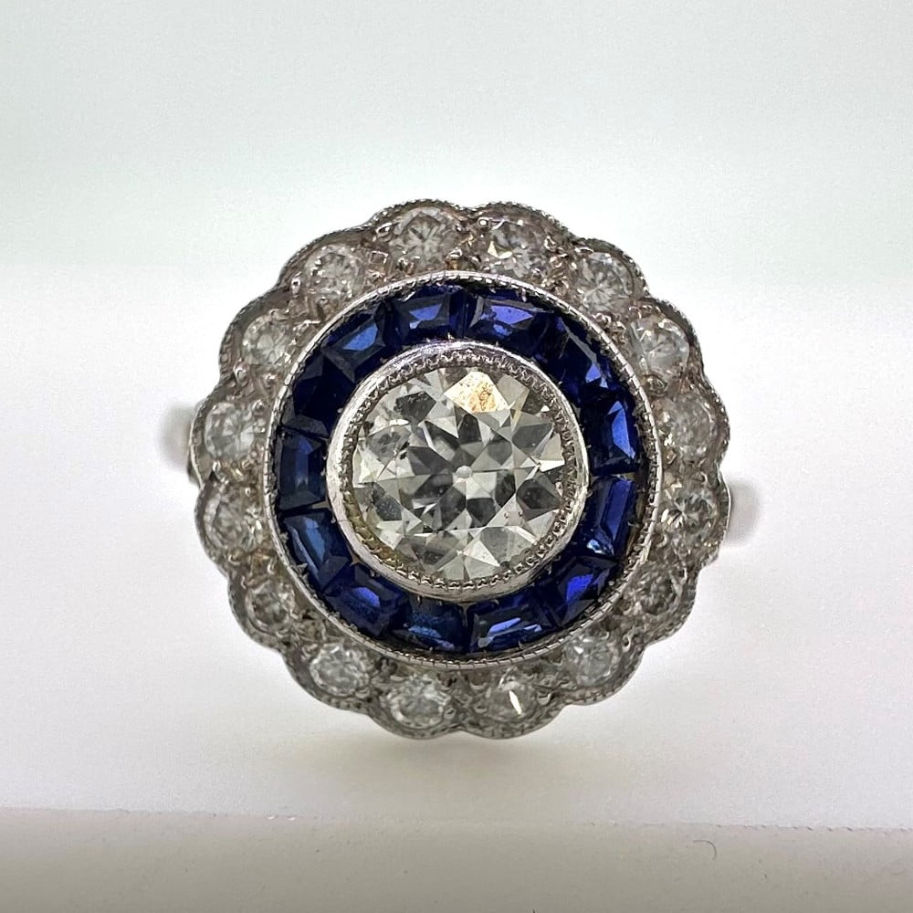Pre-Owned Platinum Sapphire & Diamond Art Deco Ring