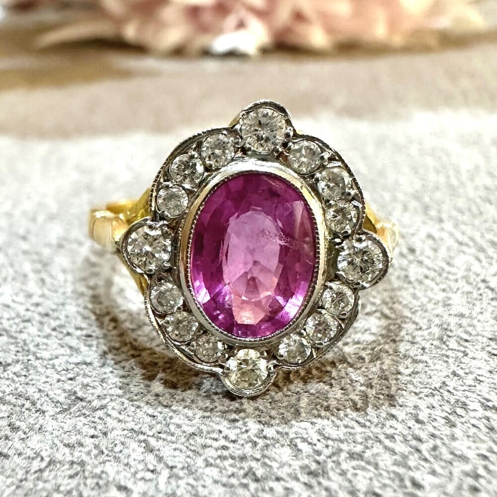 Pre-Owned 18ct Yellow Gold Pink Sapphire & Diamond Art Deco Ring